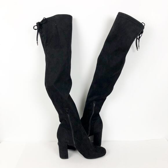 BP Womens Thigh High Boots 7.5 Black Faux Suede Pull On Lace Up Top NWOB - Picture 6 of 11